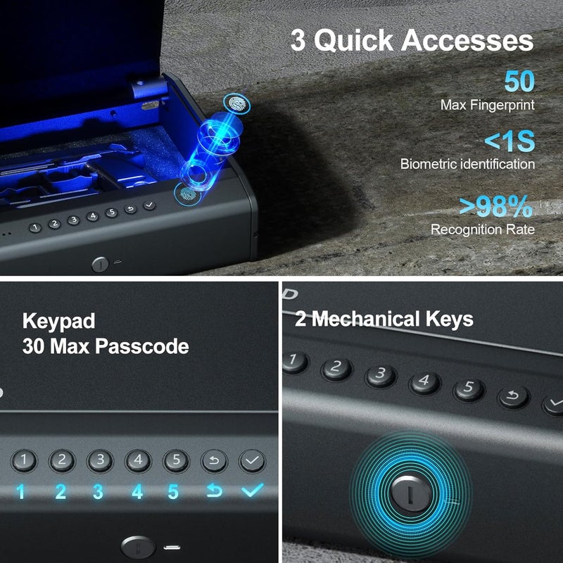 PINEWORLD Biometric Gun Safe For Handgun, Pistol Safe with Fingerprint/Backlit Keypad/Keys, 3 Quick Access Handgun Safe fits 2-3 Pistols, Gun Case with Interior LED Cable for Nightstand Car Large Size - Image 2